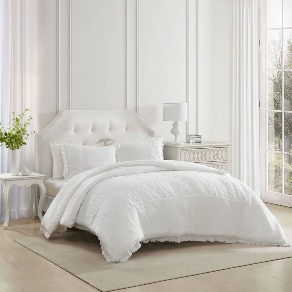 Laura Ashley 2pc Twin Extra Long Eyelet Ruffle Comforter Bedding Set White